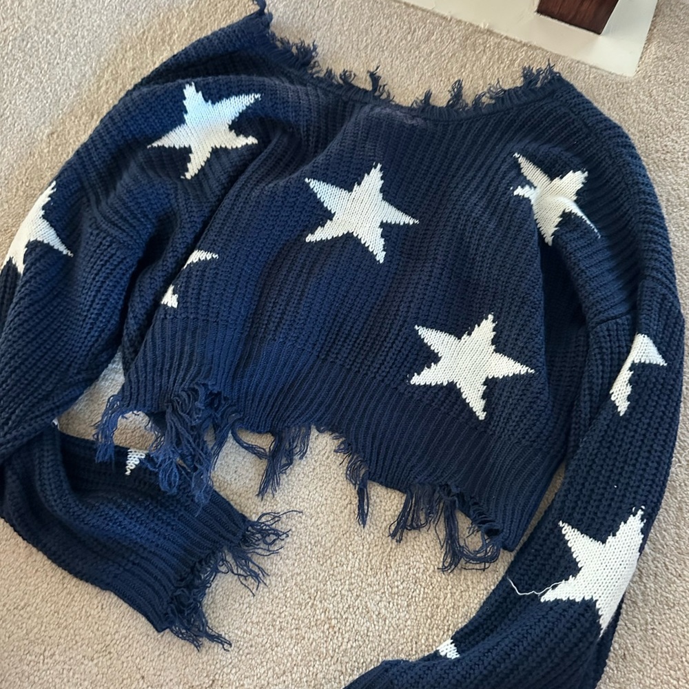Navy Stars Distressed Sweater